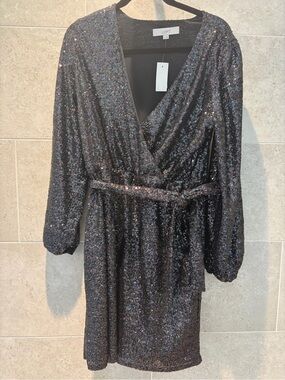 LOFT Black Sequin Wrap Dress with Belt